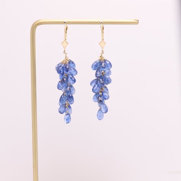 Blue Grape Vine Dangle Earrings 14K Gold Brilliant Kyanite Blue Gemstone - Picture 4 of 7